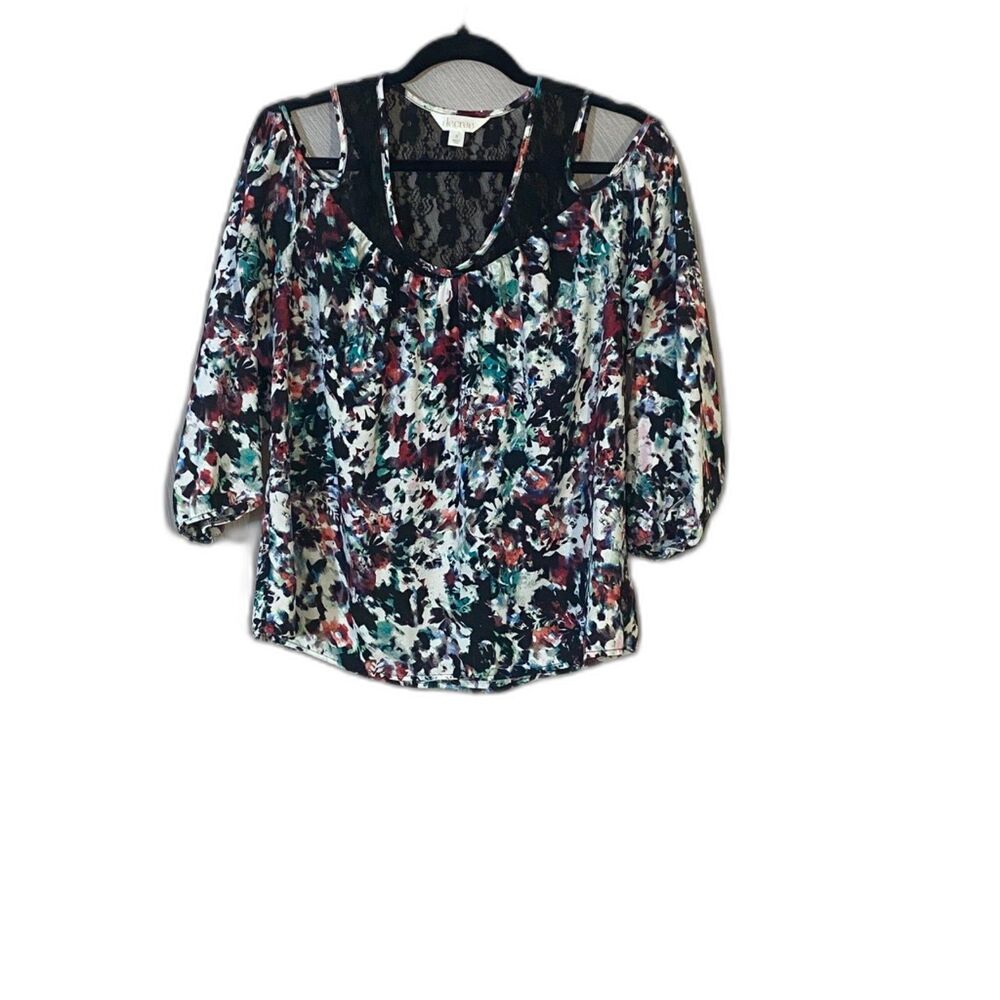 Decree Women's Small Floral Cold Shoulder Lace Yoke 3/4 Sleeve Blouse Boho